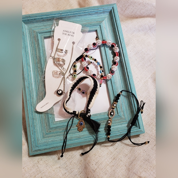 Evil Eye Jewelry Bundle Of 5 Pieces Bracelets, Ankle And Toe Rings - Picture 2 of 3